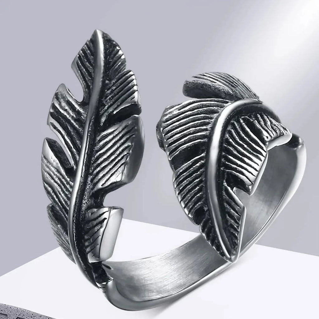 Adjustable silver-plated feather ring