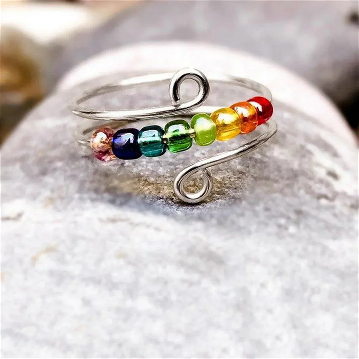 Bohemian-Style Spinner Ring Stress-Relief Ring with Rotating Beads, silver