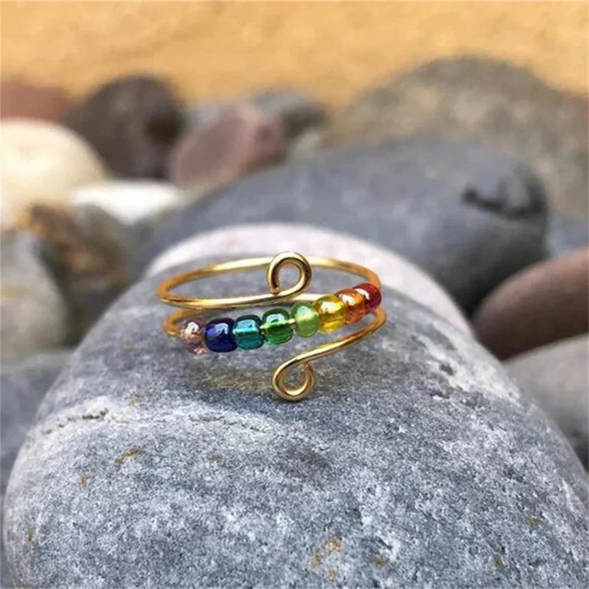 Bohemian-Style Spinner Ring Stress-Relief Ring with Rotating Beads, gold