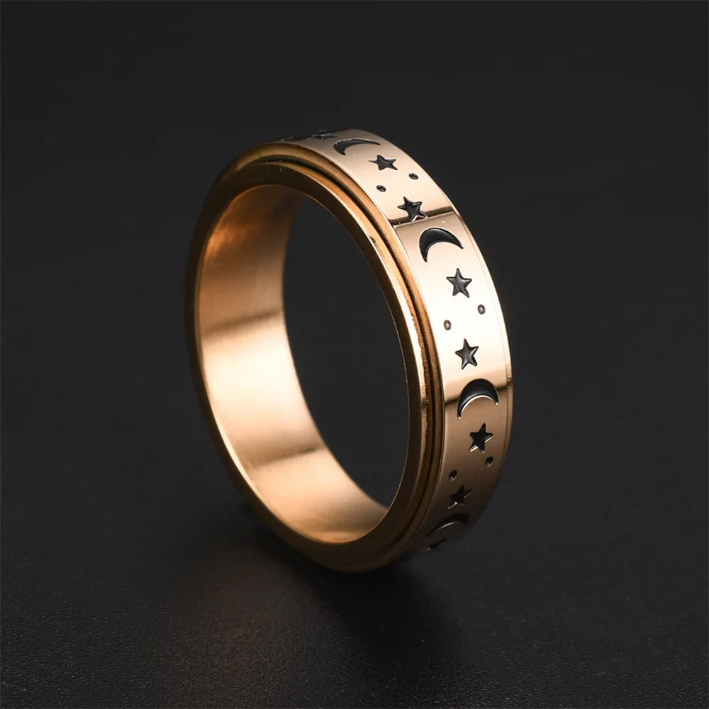 Bague Anneau Anti-Stress Tournant Etoiles et Lunes or rose