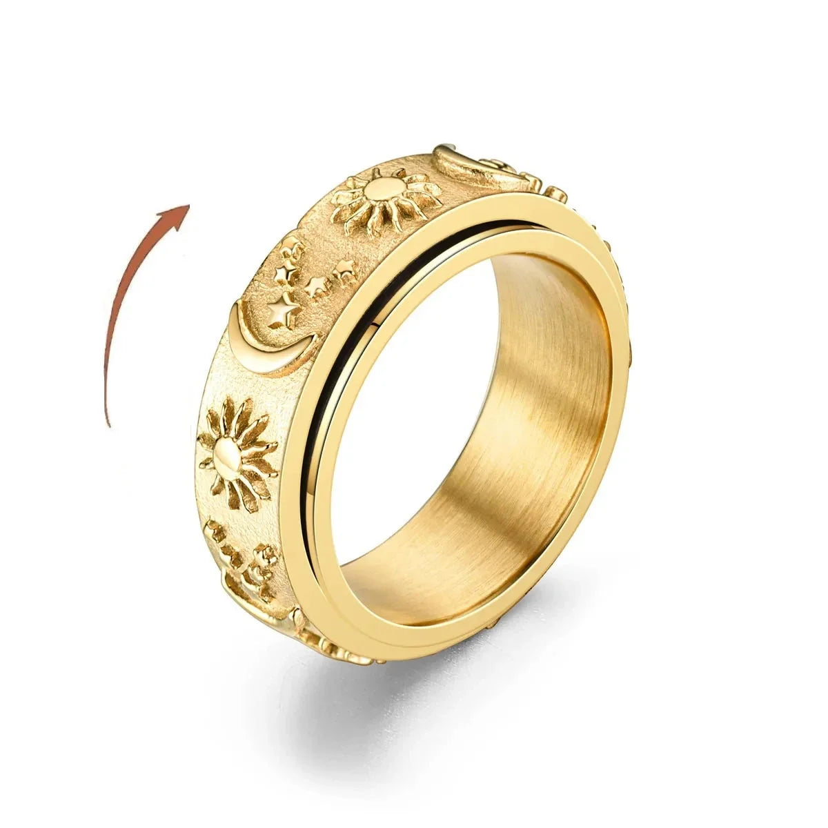 Rotating Moon and Sun Anti-Stress Band Ring, gold gold