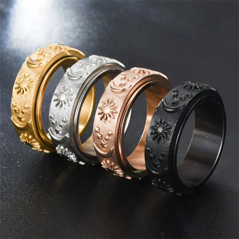 Bague Anneau Anti-Stress Tournant Lune et Soleil noir
