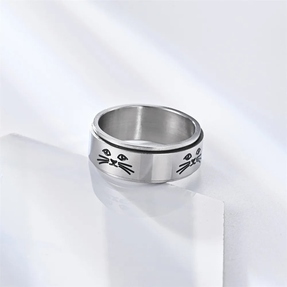 Rotating Anti-Stress Cats Band Ring in Silver