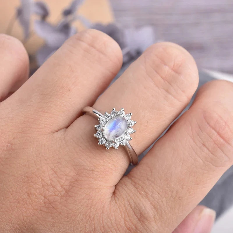 Oval Band Ring with Moonstone and Zircon