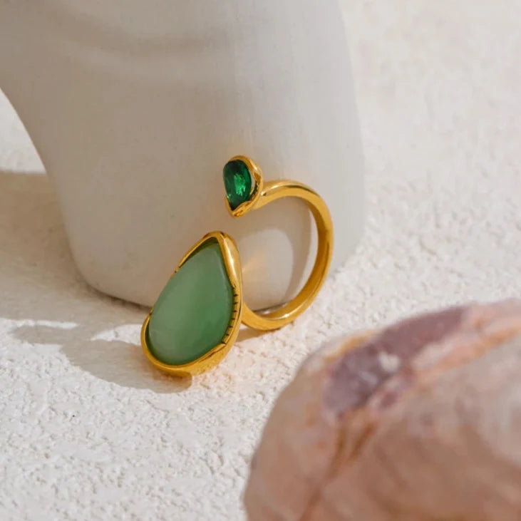 Ring with Natural Stone Water Drop and Zircon