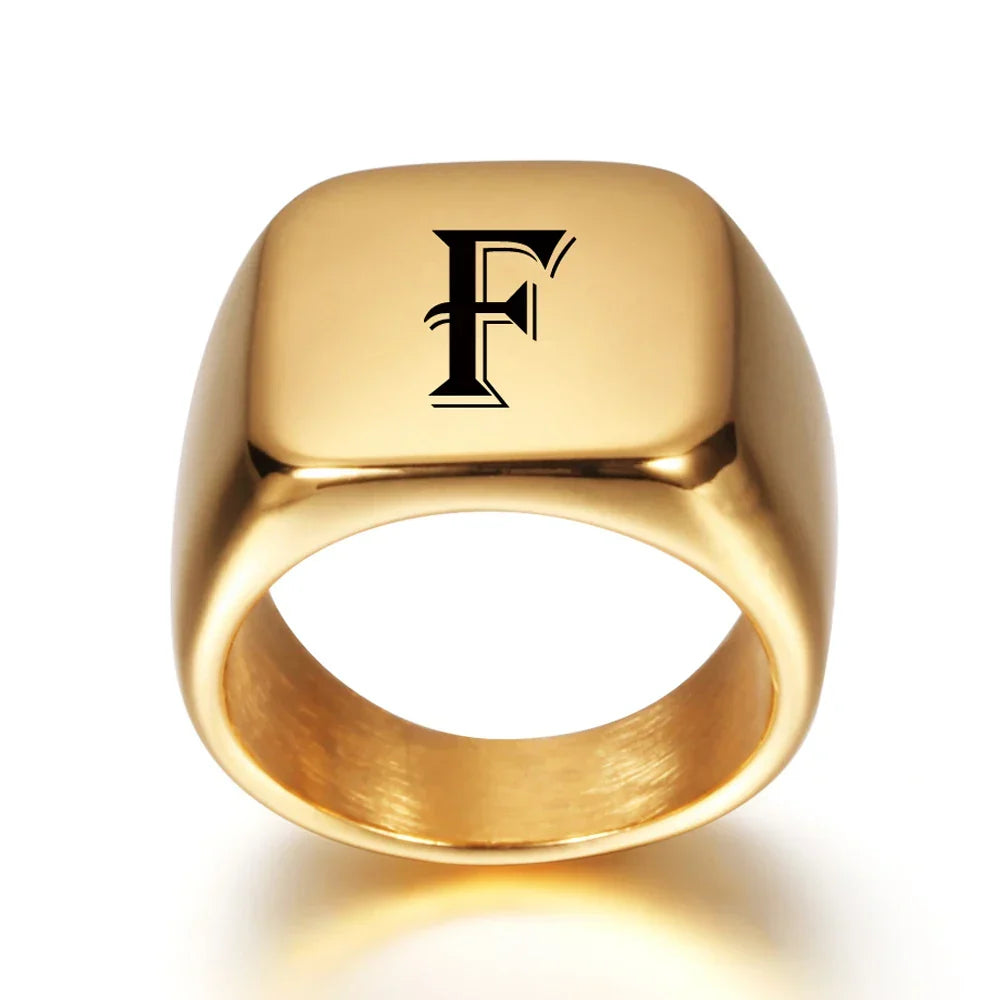 Wide men's ring personalized with initial f
