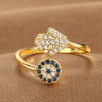 Protective ring for women with Arabic Hand of Fatima in gold blue