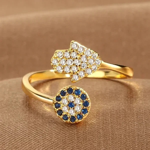 Protective ring for women with Arabic Hand of Fatima in gold blue