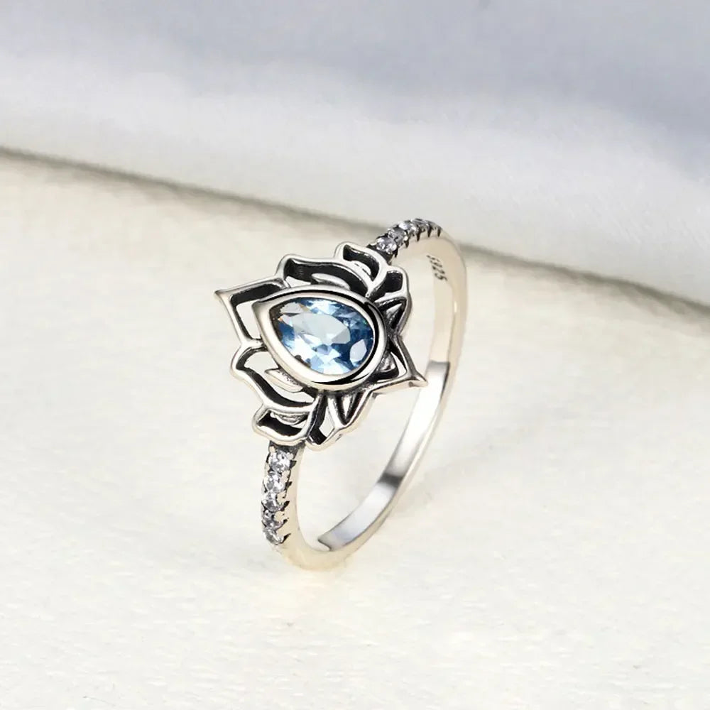 Silver Lotus Flower Ring for Women Blue