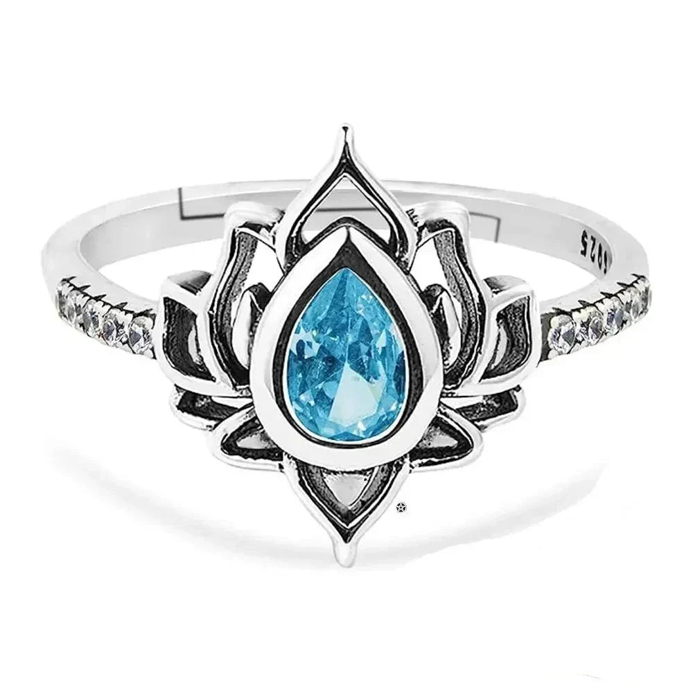 Silver Lotus Flower Ring for Women Blue