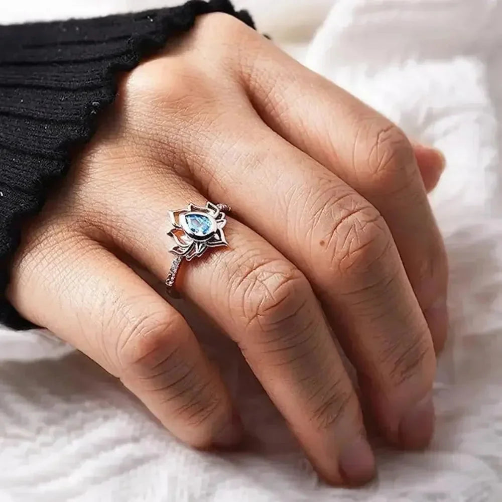 Silver Lotus Flower Ring for Women Blue