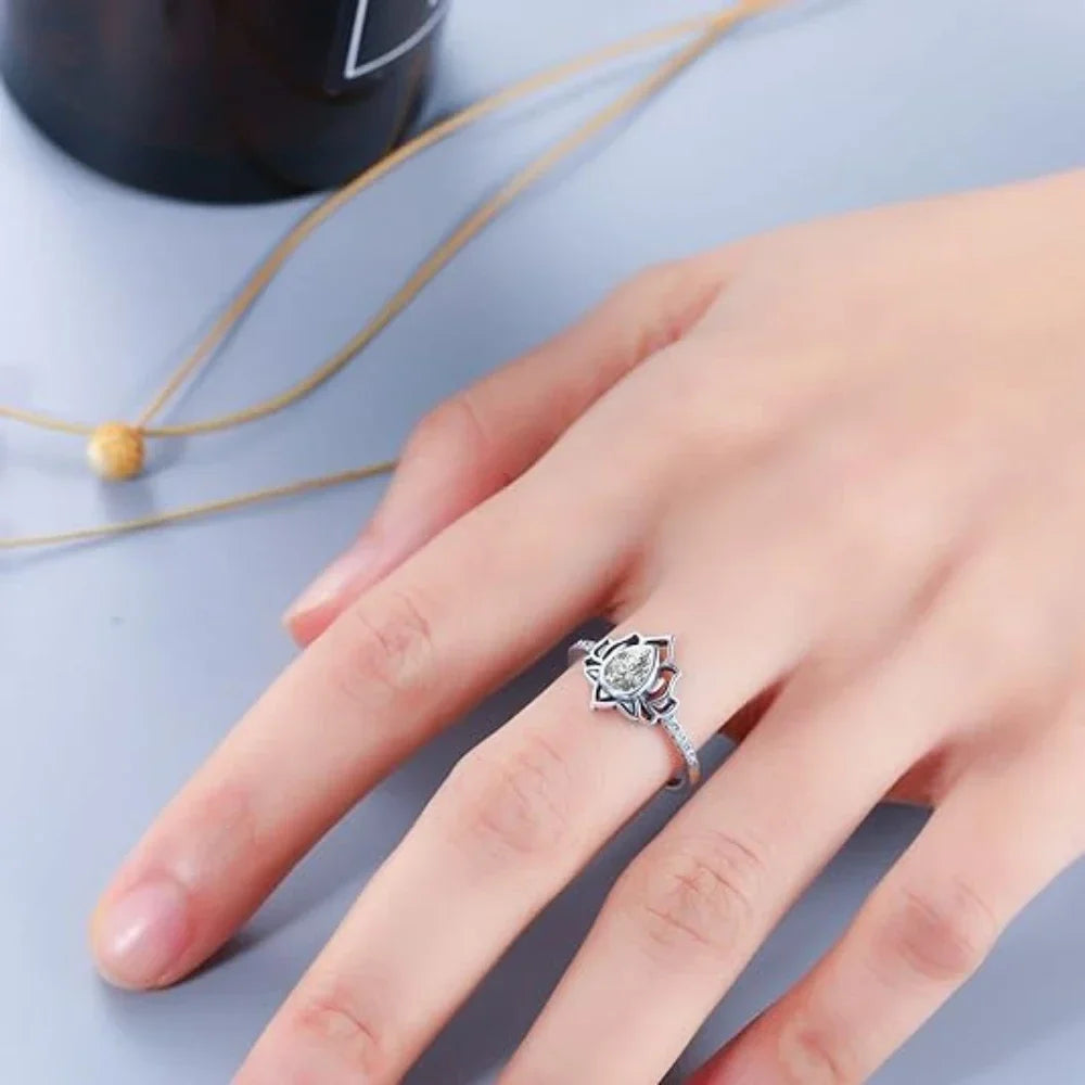 Silver Lotus Flower Ring for Women White