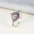 Silver Lotus Flower Ring for Women Pink