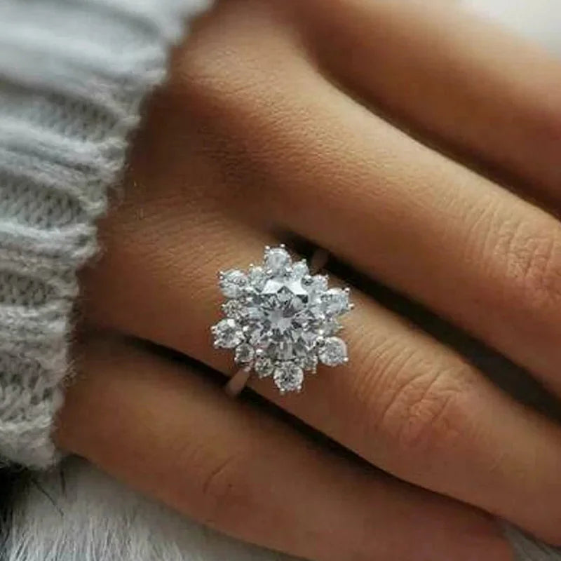 Women's Snowflake Ring Winter Silver Zircon Stones
