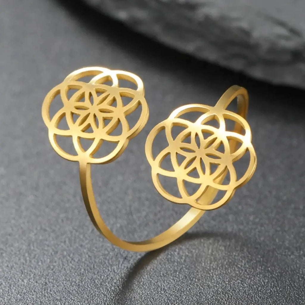 Women’s Flower Mandala Seed of Life Ring, gold