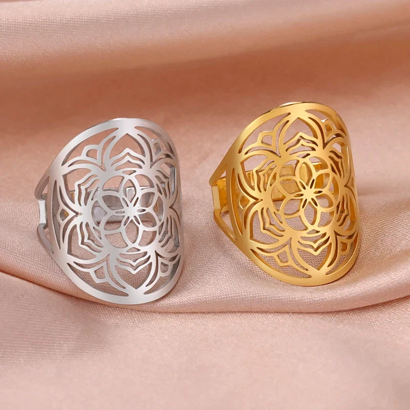 Mandala Women's Ring, Flower Band, Gold