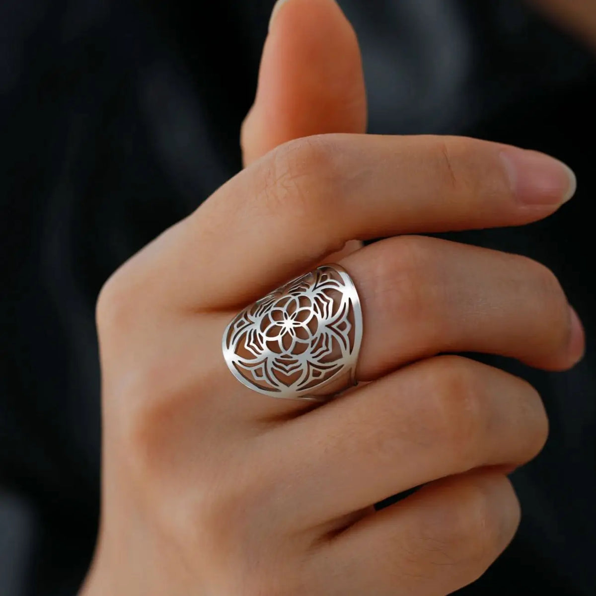 Mandala Women's Ring, Flower Band, Silver