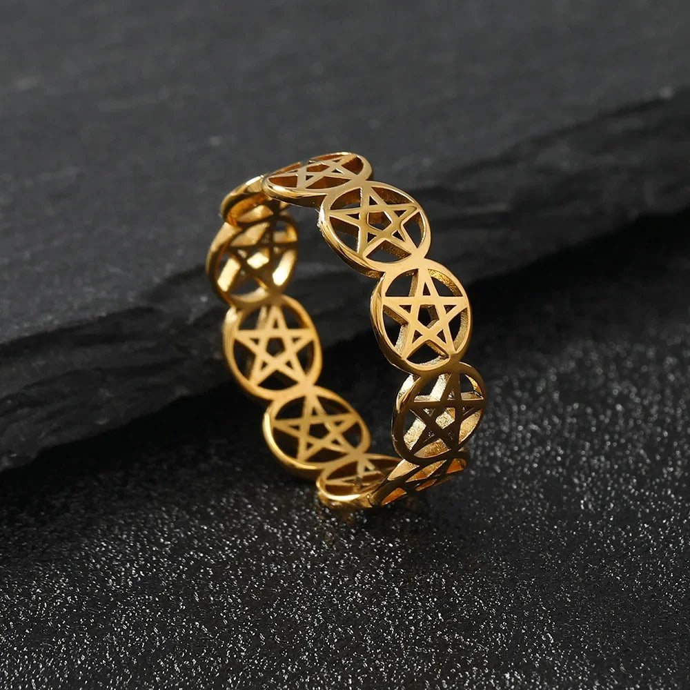 Wiccan Pentacle Ring for Women, Gold Band