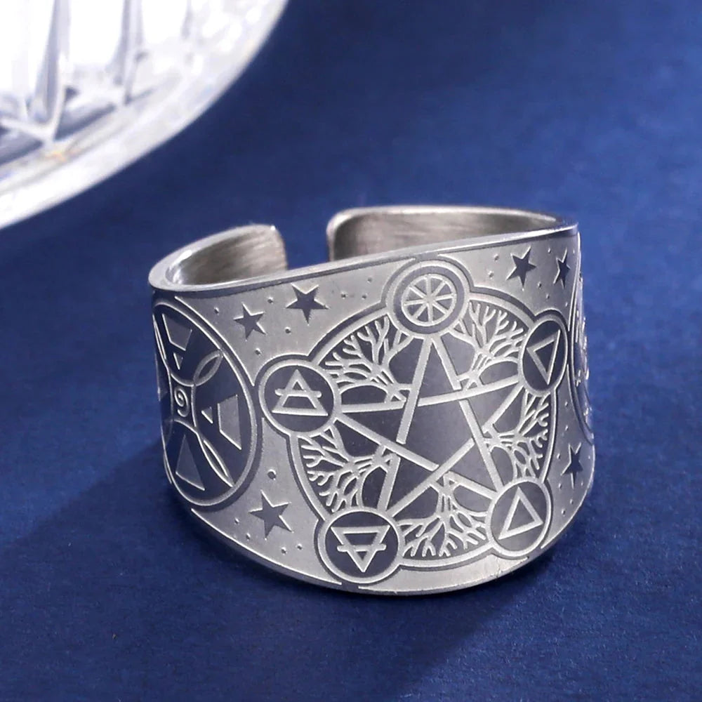 Silver Pentagram Tetragram Witchcraft Sorcery Ring