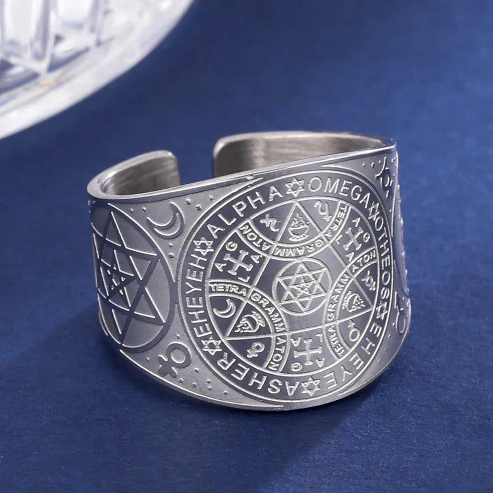 Silver Pentagram Tetragram Witchcraft Sorcery Ring