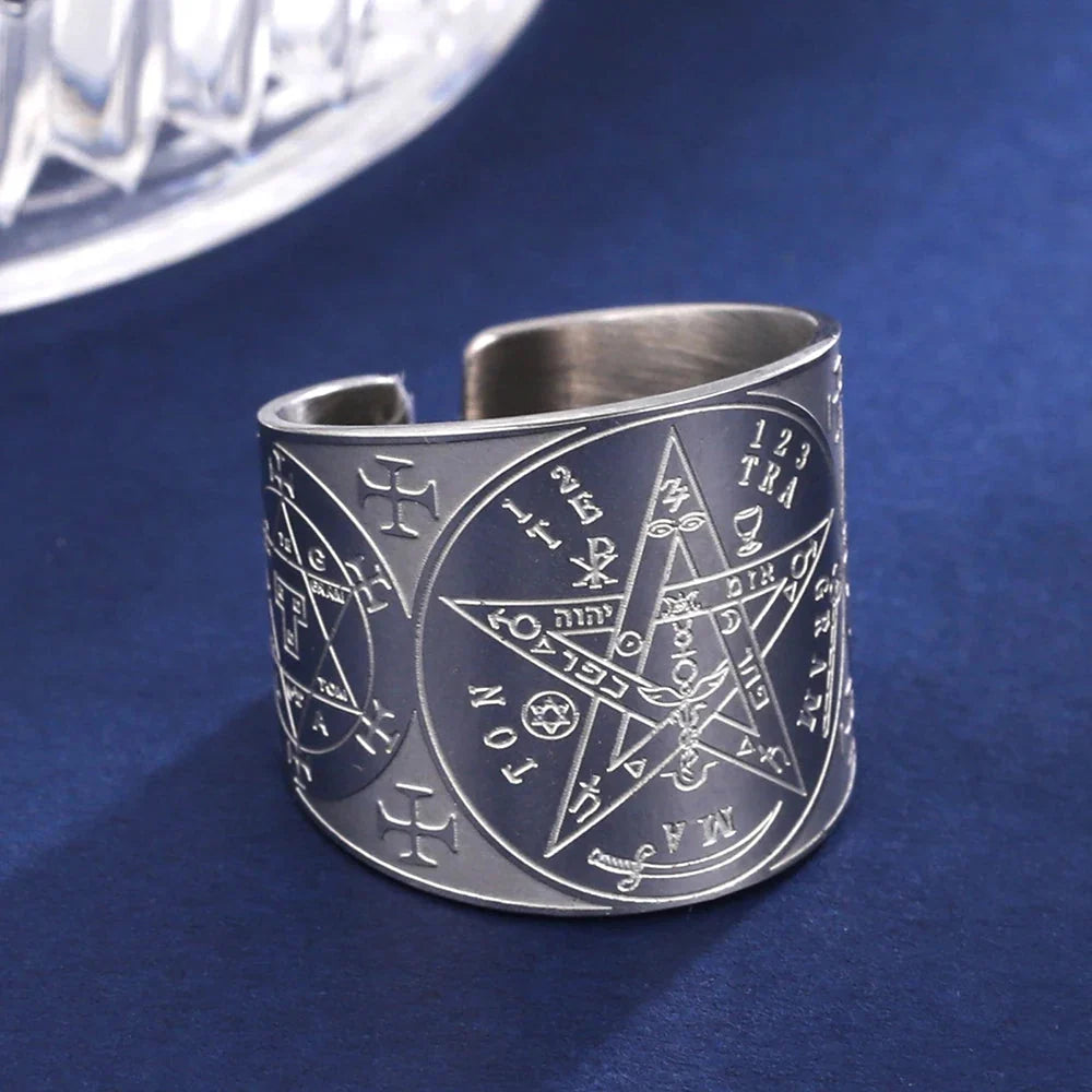 Silver Pentagram Tetragram Witchcraft Sorcery Ring