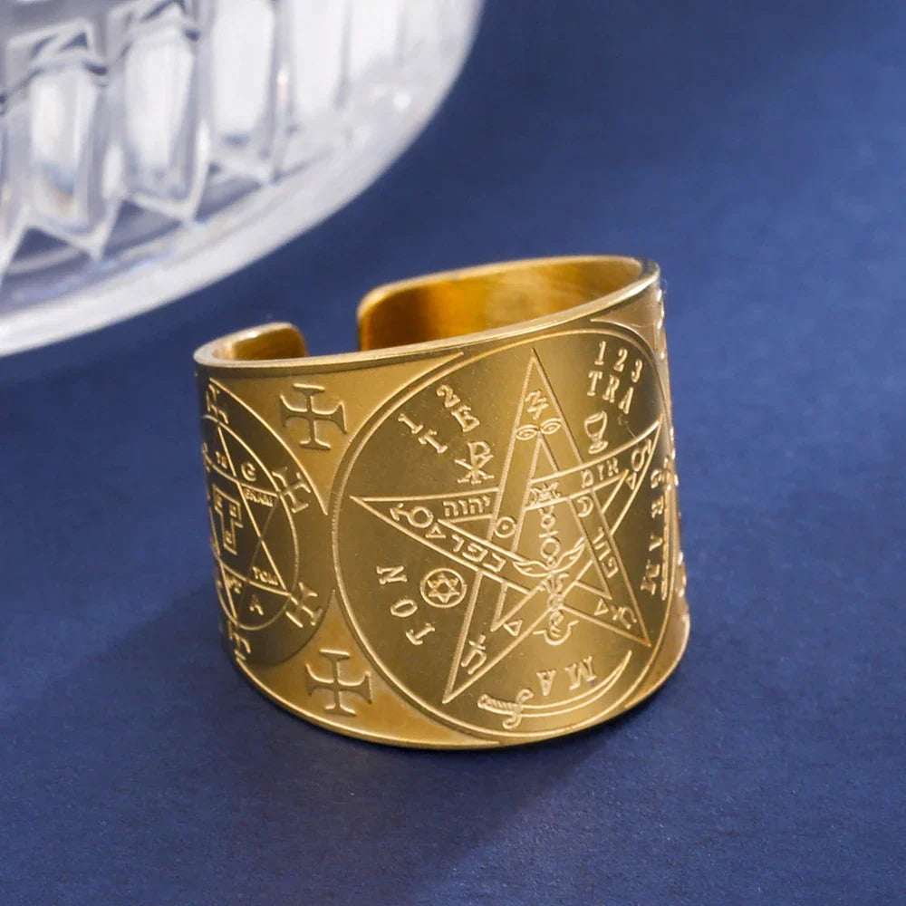Gold Pentagram Tetragram Witchcraft Sorcery Ring