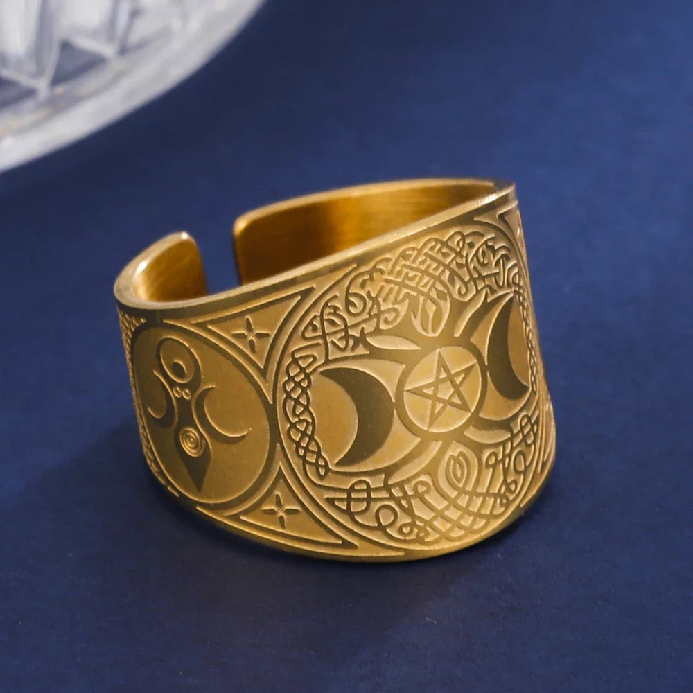 Gold Pentagram Tetragram Witchcraft Sorcery Ring