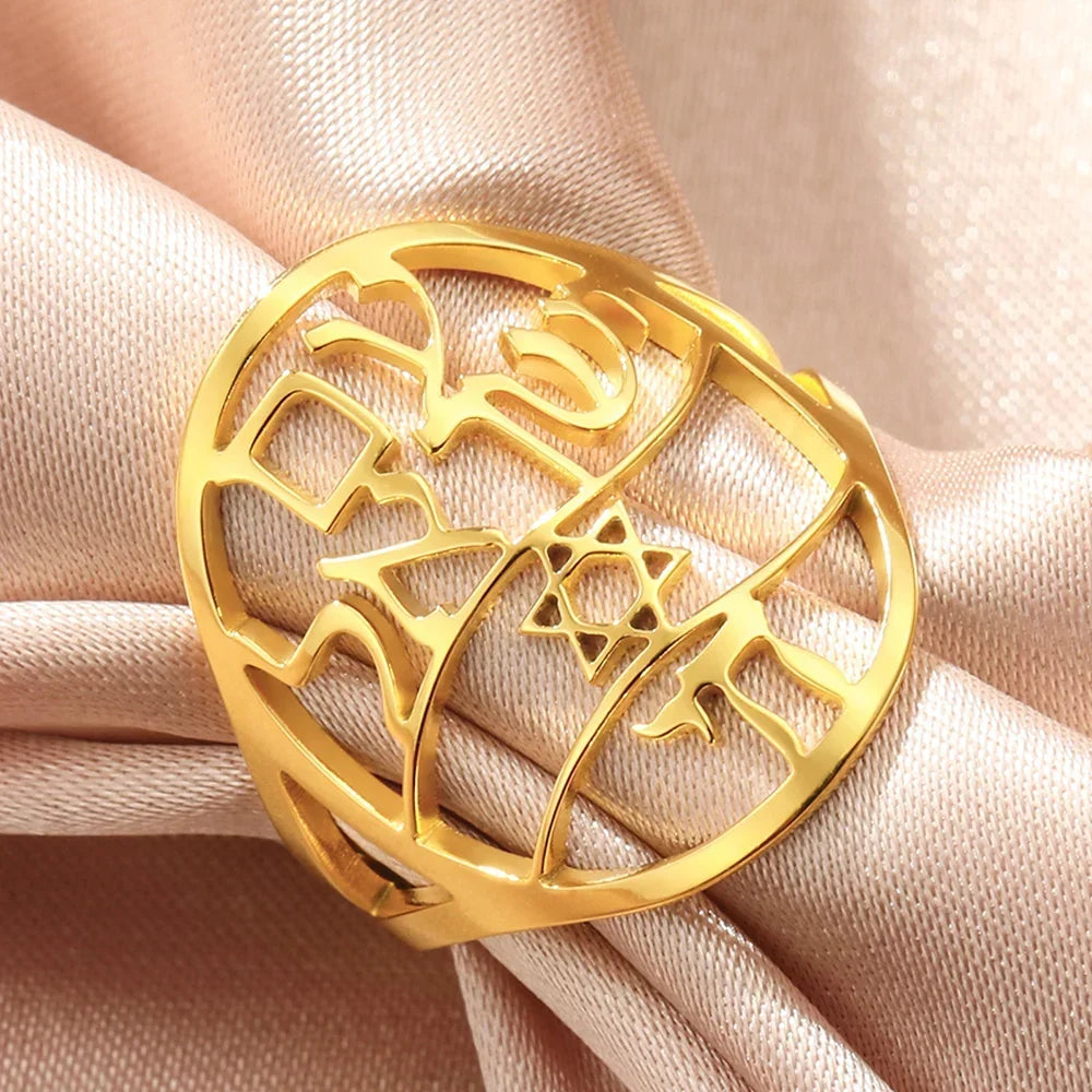 Jewish symbolic ring with Hebrew engraving, Star of David and Chai in gold