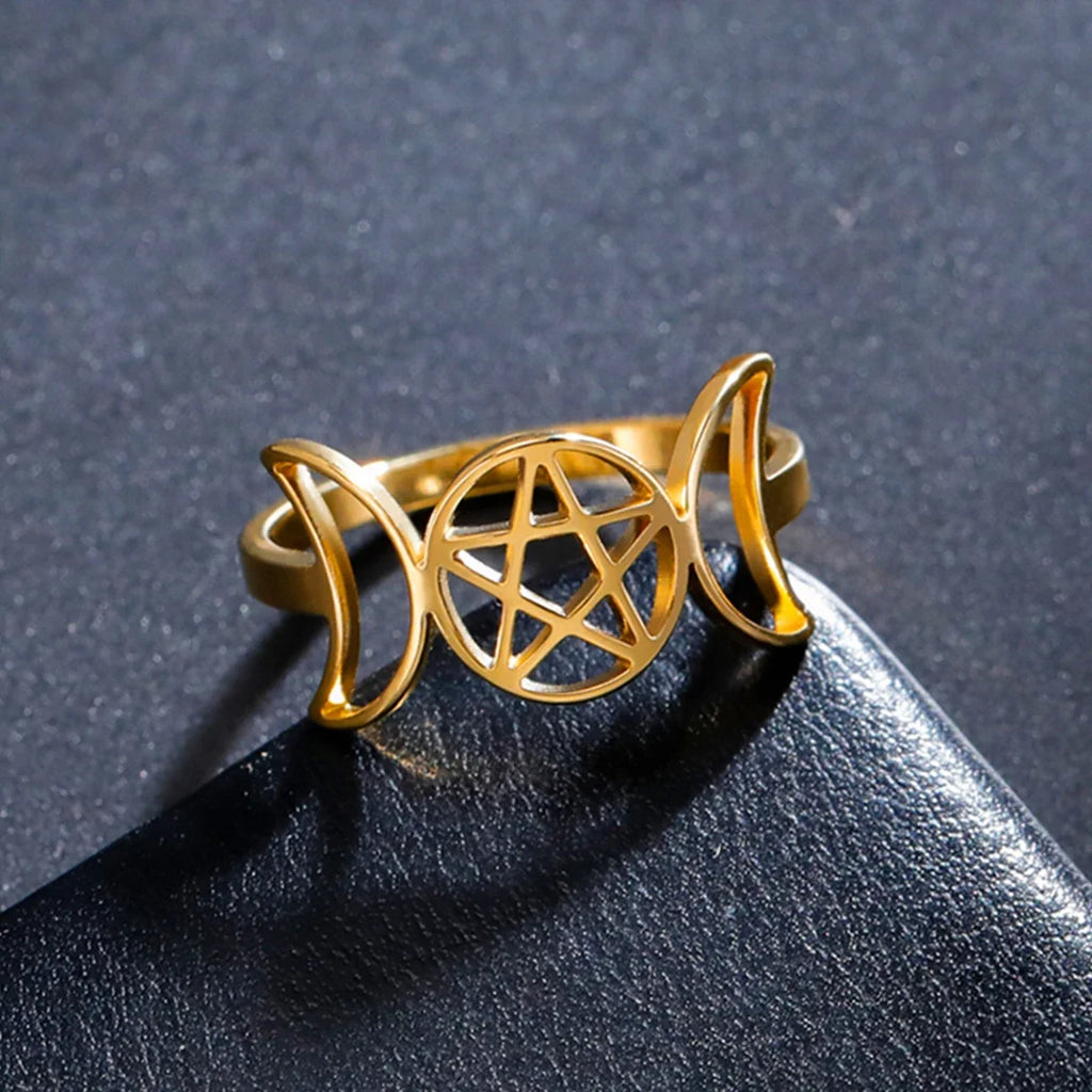Triple Moon Thin Witchcraft Ring for Women Wiccan Gold B