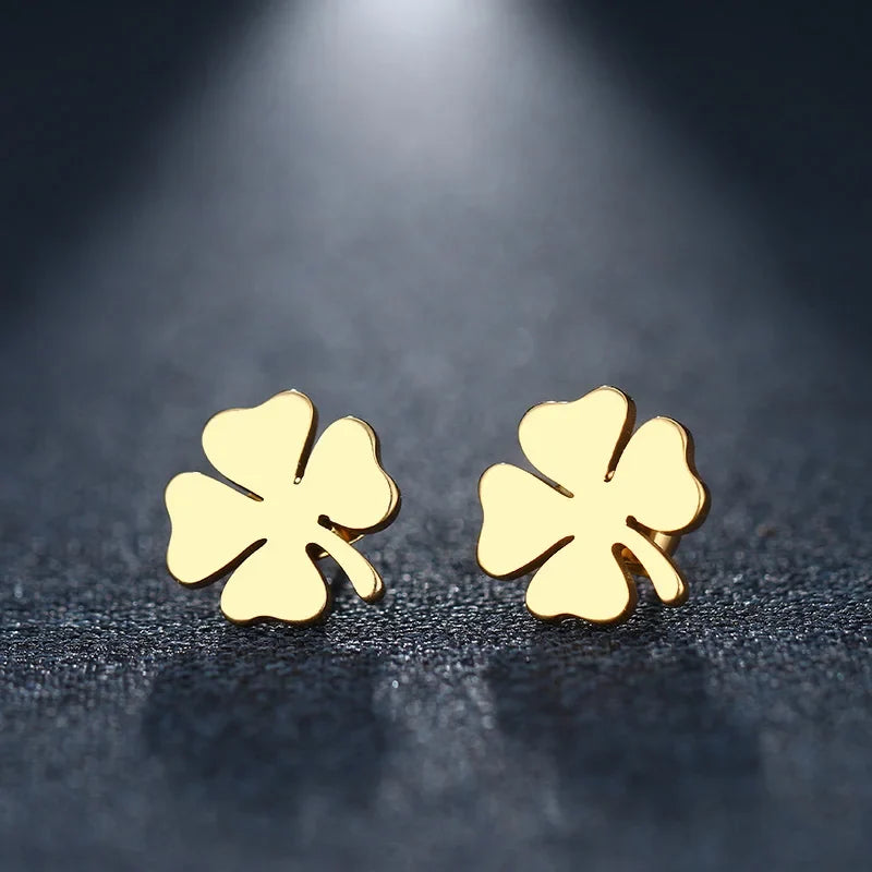 Boucles d'Oreilles Clou avec Trèfle à 4 Feuilles Porte Bonheur or