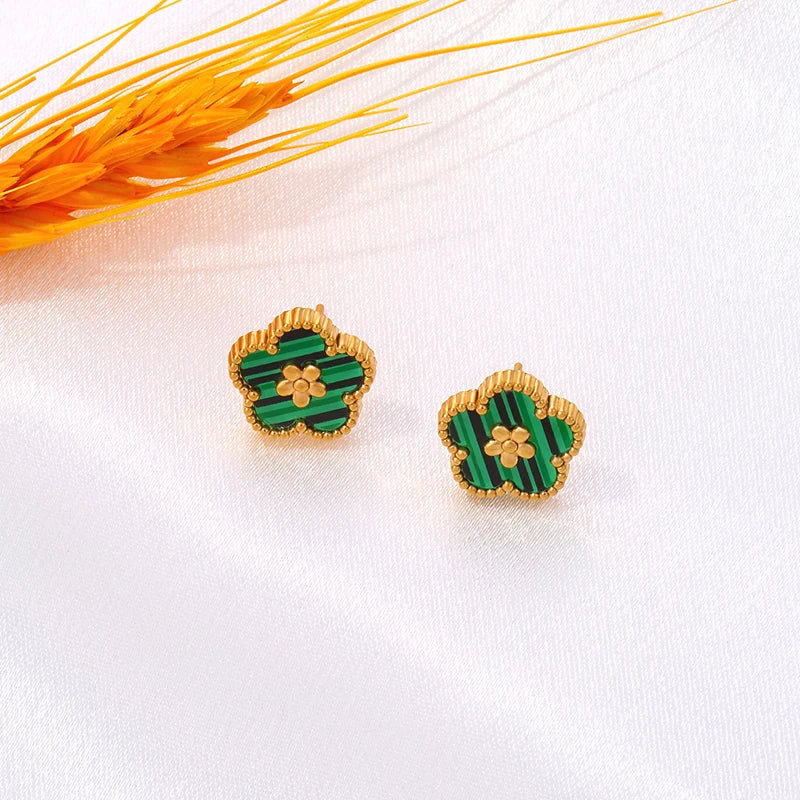 Boucles d'Oreilles Clou avec Trèfle à 5 Feuilles vert