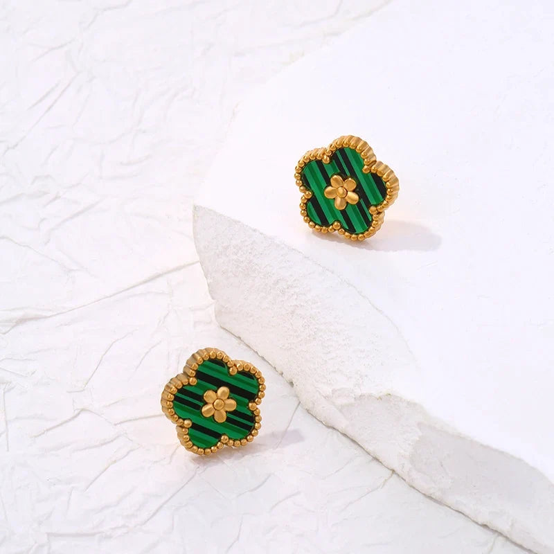 Boucles d'Oreilles Clou avec Trèfle à 5 Feuilles vert