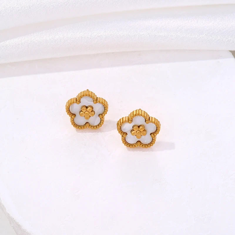 Boucles d'Oreilles Clou avec Trèfle à 5 Feuilles blanc