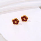 Boucles d'Oreilles Clou avec Trèfle à 5 Feuilles rouge