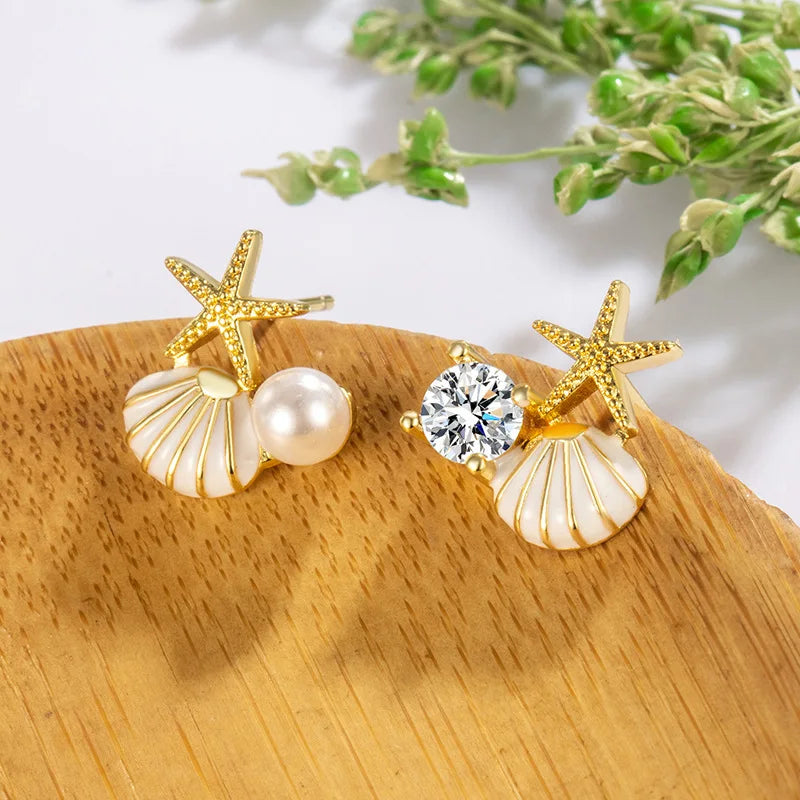 Boucles d'Oreilles Clou Coquillages et Perle