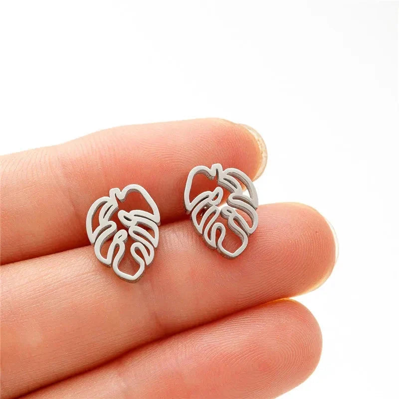 Palm Leaf Stud Earrings, Silver