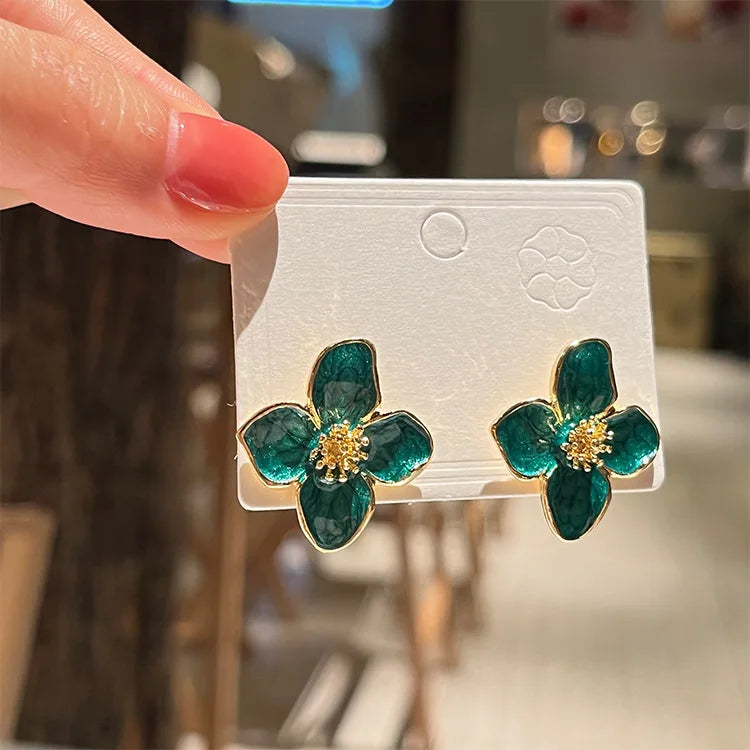 Hibiscus Flower Stud Earrings with Green Mother-of-Pearl Petals