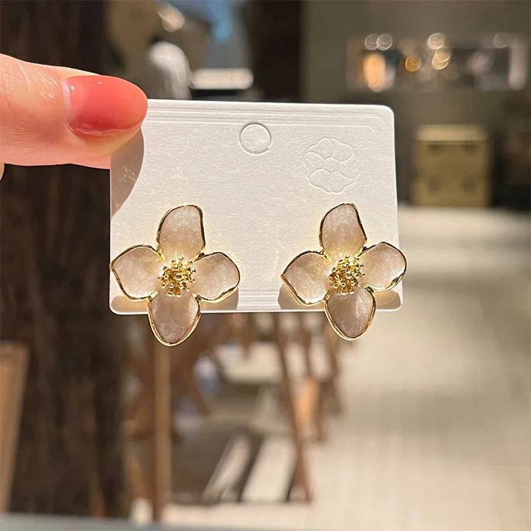 Hibiscus Flower Stud Earrings with White Mother-of-Pearl Petals