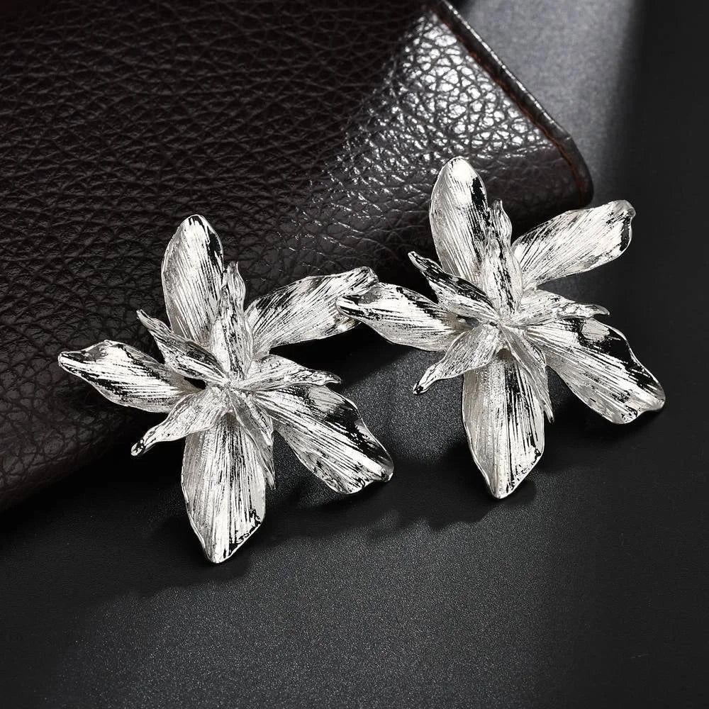 Asymmetrical Large Flower Stud Earrings silver