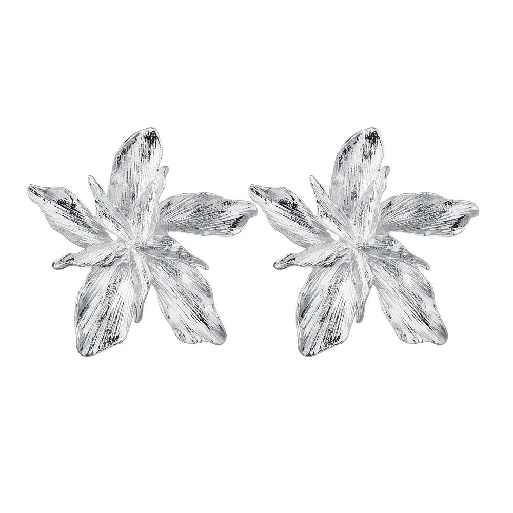 Asymmetrical Large Flower Stud Earrings silver