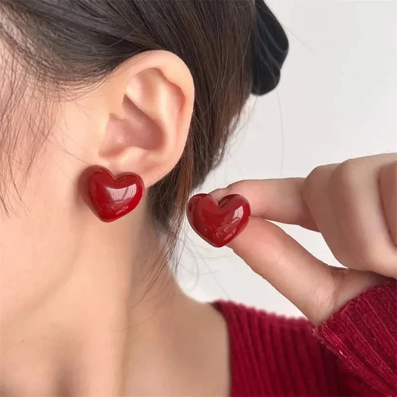 Women's Heart Stud Earrings Red