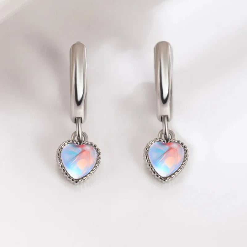 Boucles d'Oreilles Créoles Coeur Pierre de Lune