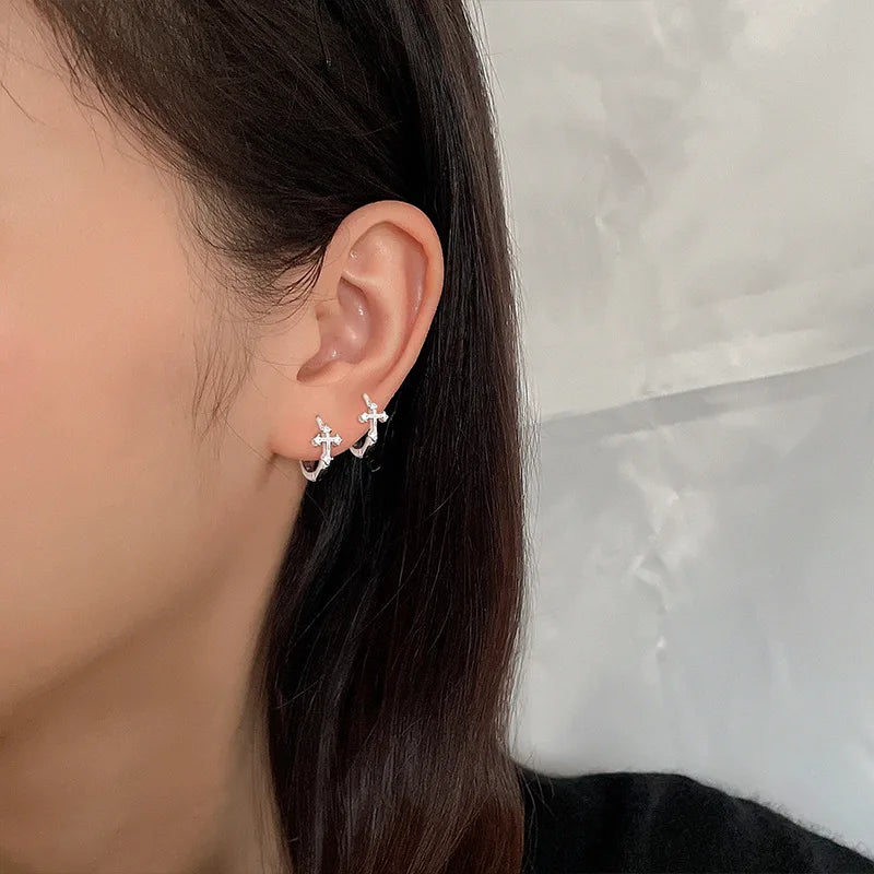 Jesus Cross Hoop Earrings with Zircon