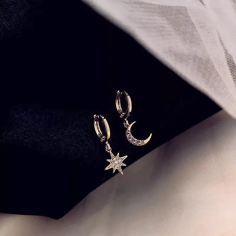 Star and Moon and Cubic Zirconia Hoop Earrings, Gold