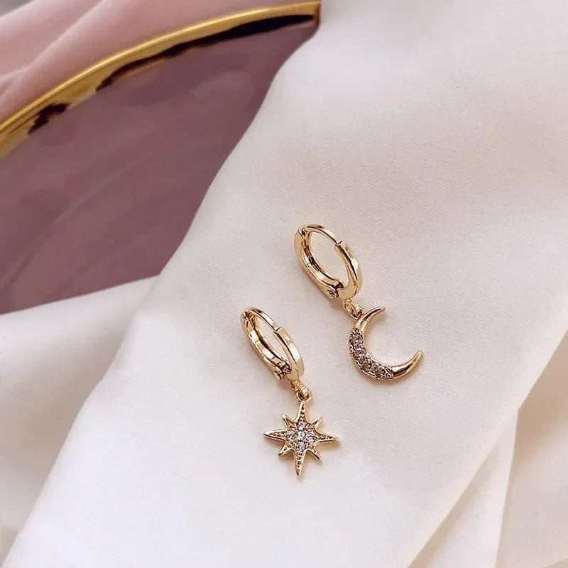Star and Moon and Cubic Zirconia Hoop Earrings, Gold