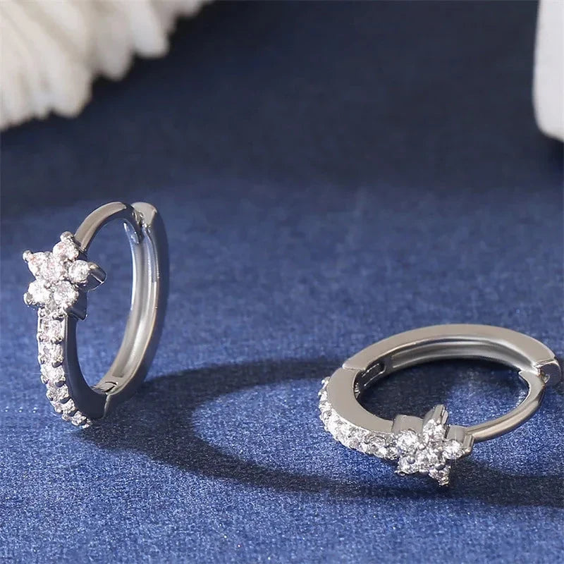 Boucles d'Oreilles Créoles Etoiles en Zircon argent