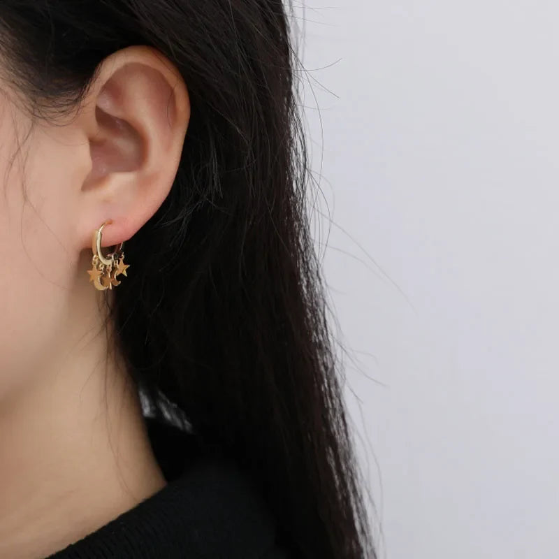 Star and Moon Dangle Hoop Earrings gold