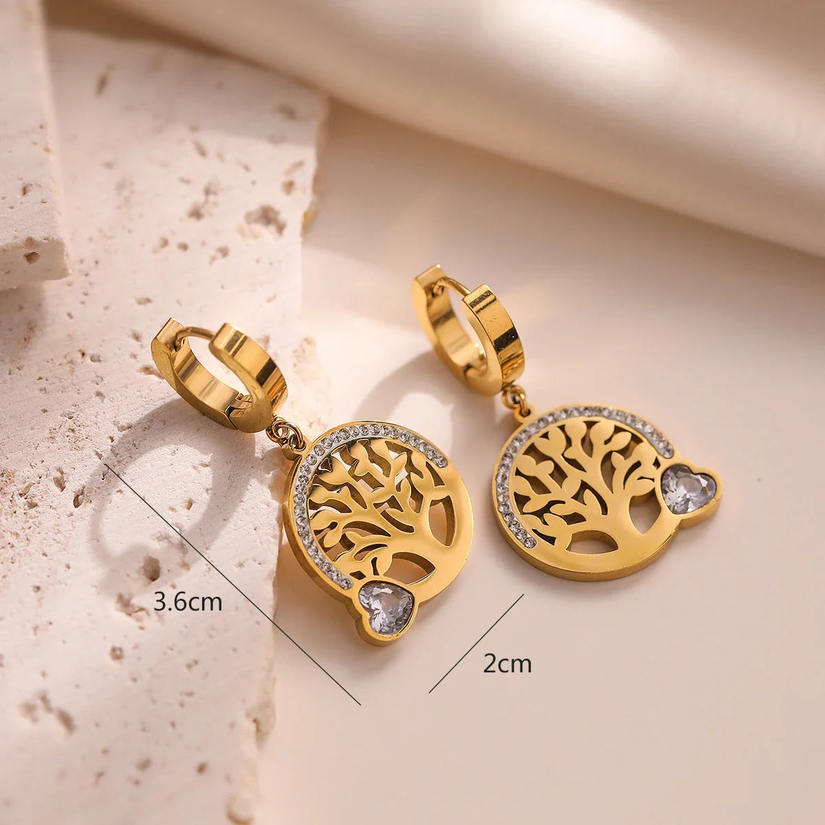 Tree of Life Heart White Dangle Hoop Earrings