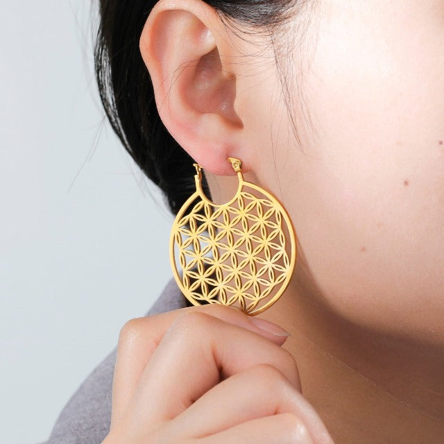 Dawapara Mandala Flower of Life Earrings for Women, gold