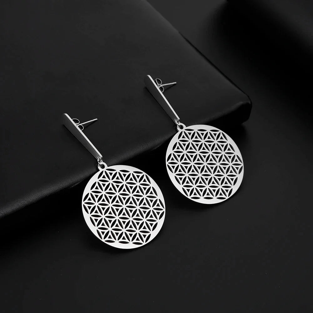Silver Mandala Flower of Life Dangle Earrings for Women